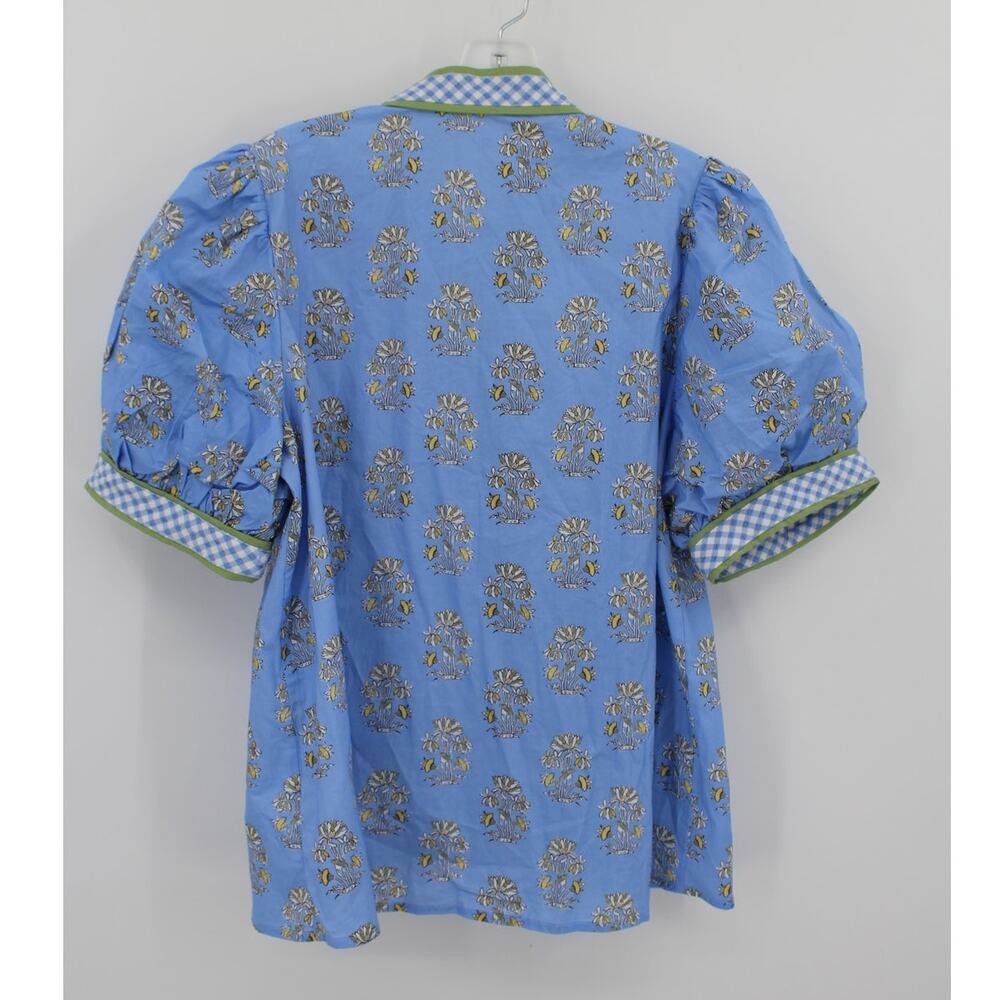 Entro Blue Printed Puff Sleeve Top Size Medium Flora V Neck - Picture 3 of 6
